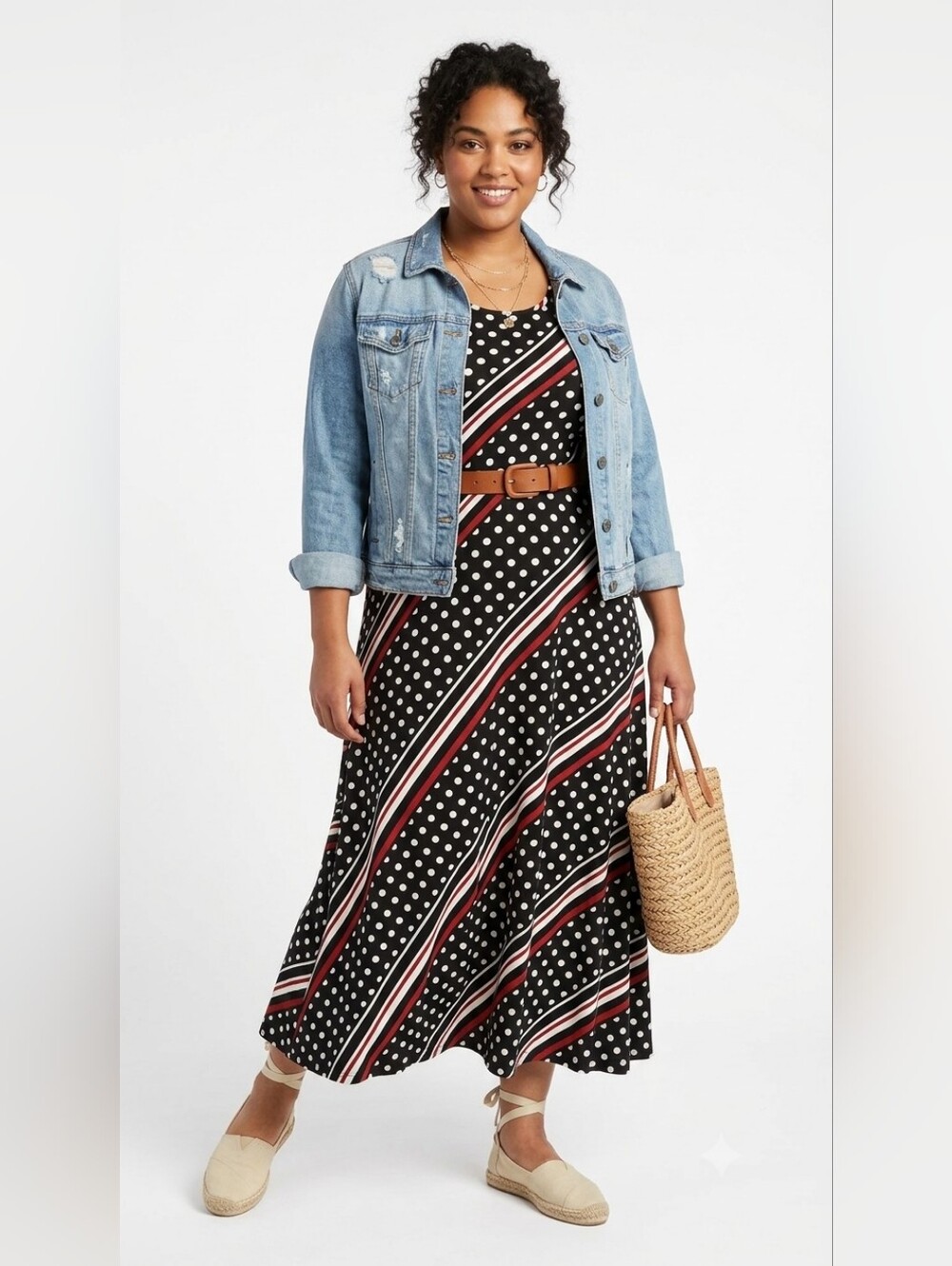 LuLaRoe Black Polka Dot Midi Dress with Red and White Stripes